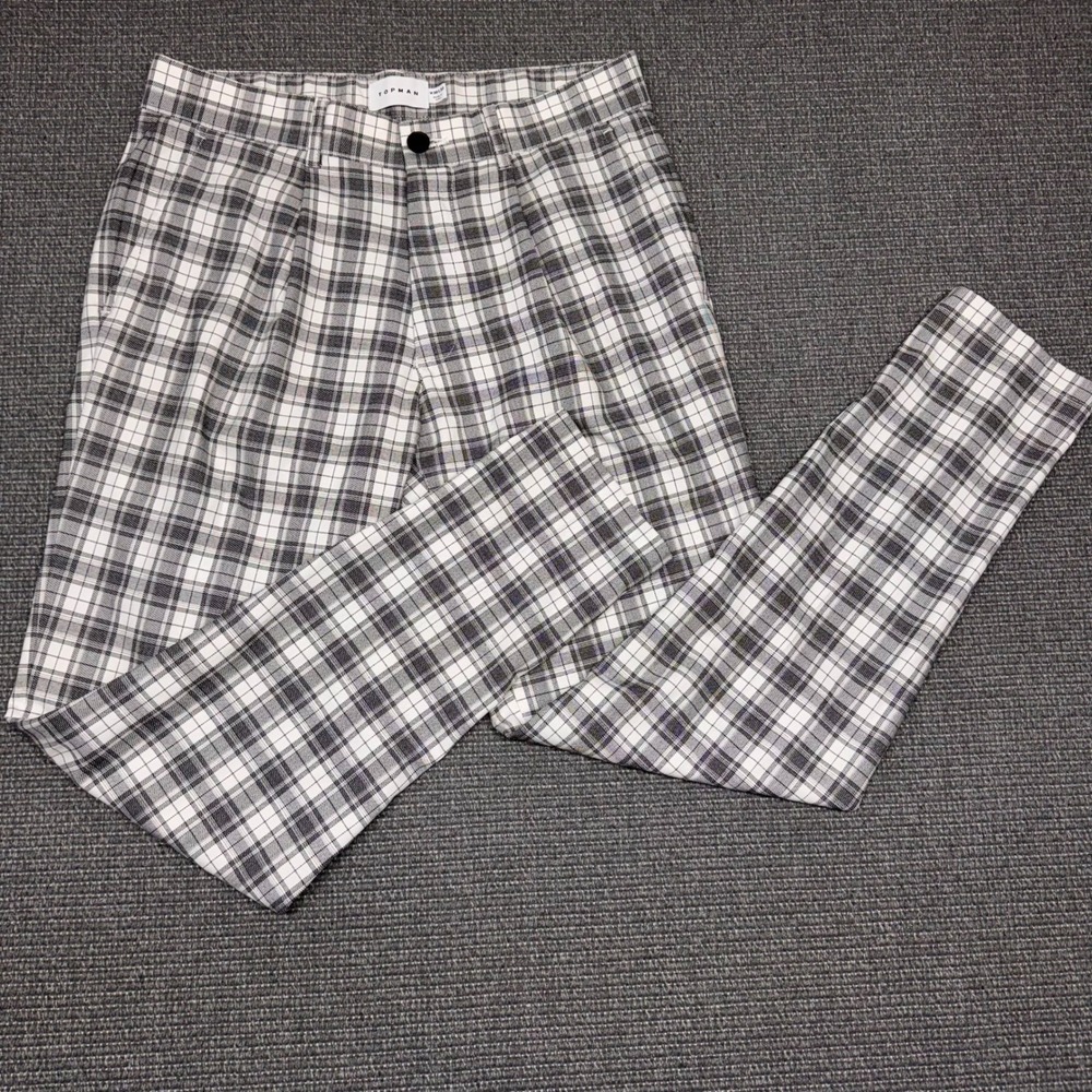Topman Mens Plaid Pleated Trousers Black White Checkered Slim Fit Pants W30 L32